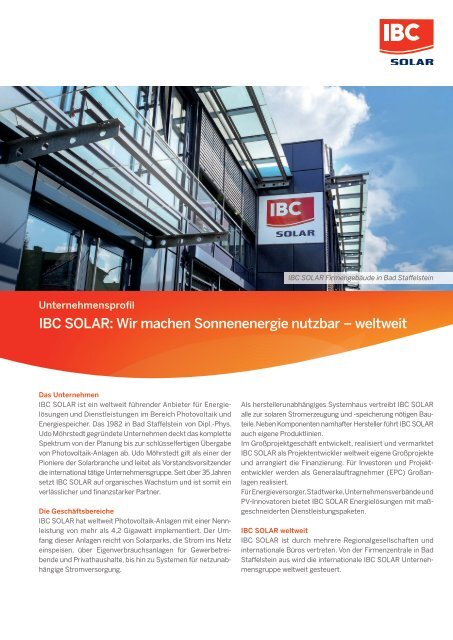 Firmenprofil IBC SOLAR - Wir machen Sonnenenergie weltweit nutzbar