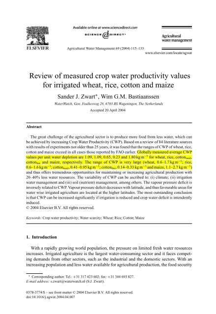 Zwart_Bastiaanssen_2004_Review of measured crop water productivity values for irrigated wheat, rice,