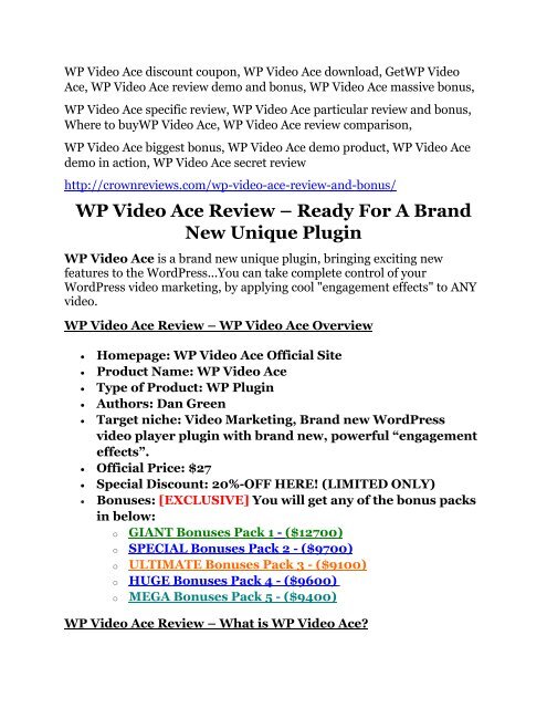 WP Video Ace review demo and premium bonus