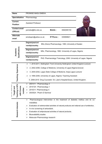 Name PROMISE MADU EMEKA Specialization Pharmacology ...