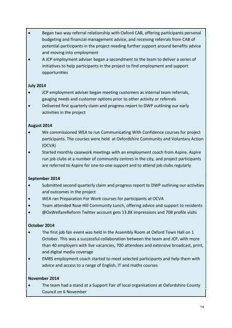 Welfare Reform Team Evaluation of European Social Fund pilot project 2014-2015