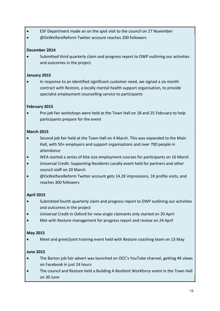 Welfare Reform Team Evaluation of European Social Fund pilot project 2014-2015