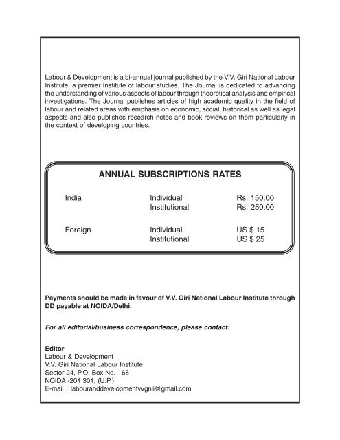 annual subscriptions rates - VV Giri National Labour Institute