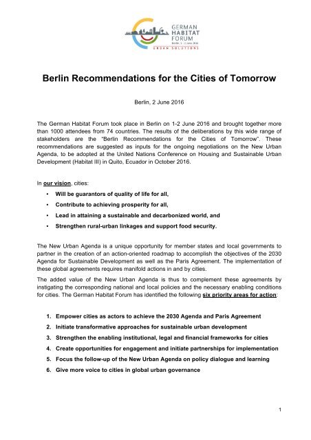 Berlin Recommendations for the Cities of Tomorrow