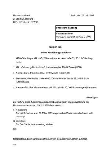 MZO / Nordmilch / MEN/ Bremerland / Hansano - Bundeskartellamt