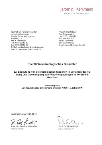 Rechtl-seismologisches Gutachten Endfassung zur Bedeutung von seismologischen Statioinen in Verfahren der Planung und Genehmigung von WEA in NRW
