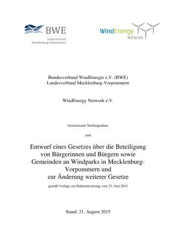 BWE Stellungnahme zum Bürgerbeteiligungsgesetz in Mecklenburg Vorpommern