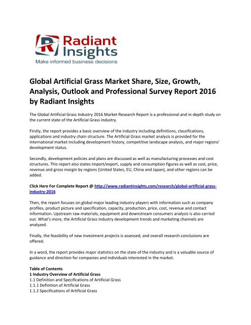 Global Artificial Grass Market Size, Trends, Growth Report 2016 by Radiant Insights