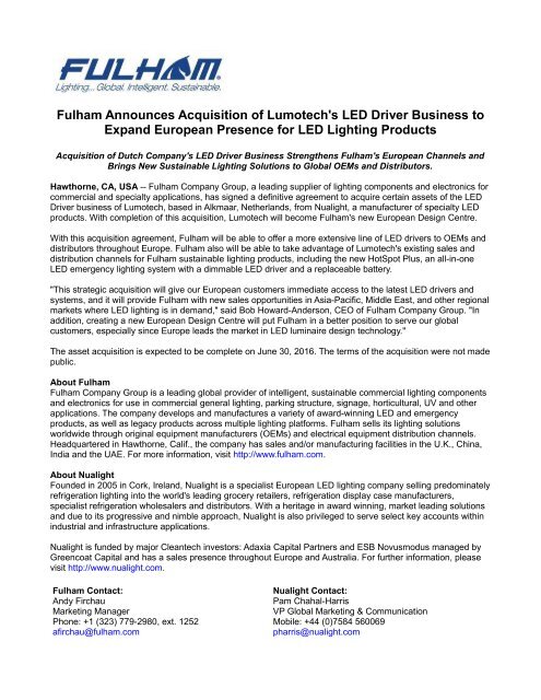Fulham Announces Acquisition Of Lumotech S Led Driver Business To Fulham Announces Acquisition Of Lumotech S Led Driver Business To Expand European Presence For Lighting