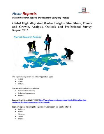 Global High Alloy Steel Market Insights and Professional Survey Report 2016: Hexa Reports