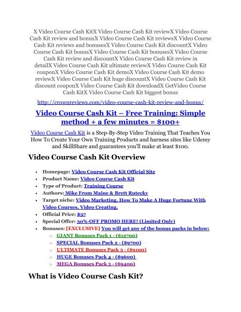 Video Course Cash Kit review and Exclusive $26,400 Bonus