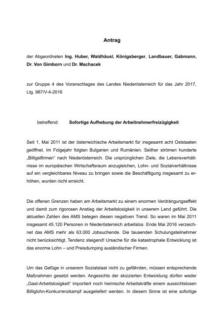 Anträge zum Budget des Landes Niederösterreich