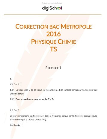 CORRECTION METROPOLE 2016 PHYSIQUE CHIMIE TS