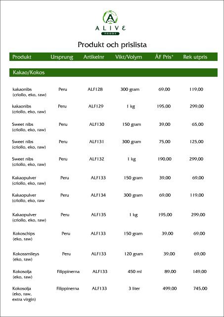 Alive produkt och prislista 2016