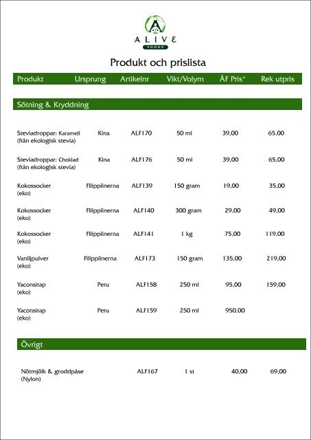 Alive produkt och prislista 2016