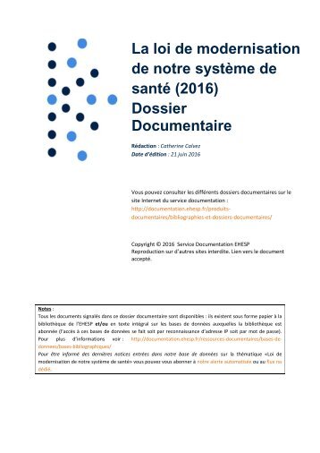 La loi de modernisation de notre système de santé (2016) Dossier Documentaire