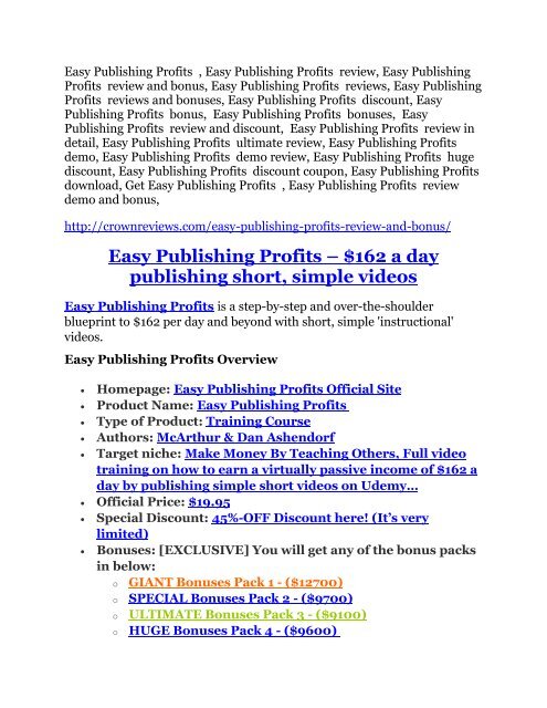 Easy Publishing Profits REVIEW and GIANT $21600 bonuses