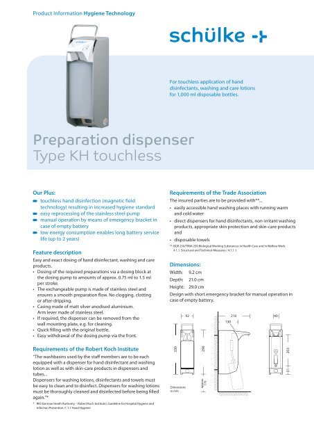 Preparation dispenser Type KH touchless - Schülke &amp; Mayr