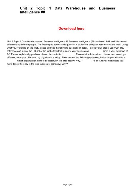 Unit 2 Topic 1 Data Warehouse and Business Intelligence