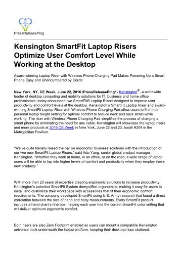 Kensington SmartFit Laptop Risers Optimize User Comfort Level While Working at the Desktop