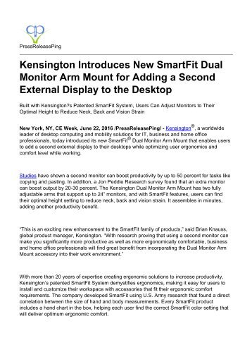 Kensington Introduces New SmartFit Dual Monitor Arm Mount for Adding a Second External Display to the Desktop