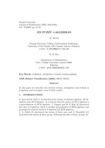 ON FUZZY d-ALGEBRAS - University of the Punjab