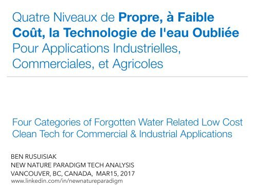 Quatre Niveaux de Propre, à Faible Coût, la Technologie de l'eau Oubliée Pour Applications Industrielles, Commerciales, et Agricoles