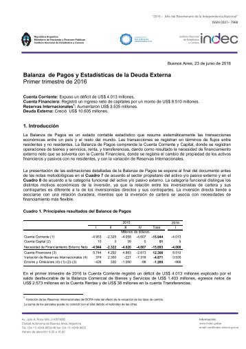 Balanza de Pagos y Estadísticas de la Deuda Externa Primer trimestre de 2016