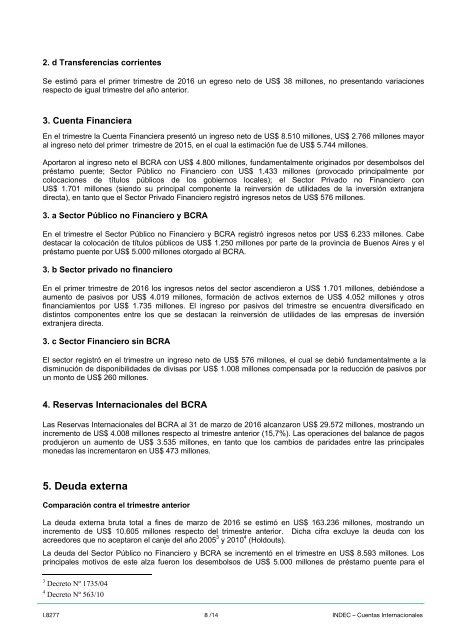 Balanza de Pagos y Estadísticas de la Deuda Externa Primer trimestre de 2016