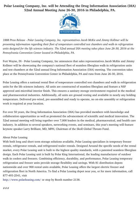 Polar Leasing Company, Inc. will be Attending the Drug Information Association (DIA) 52nd Annual Meeting June 26-30, 2016 in Philadelphia, PA.