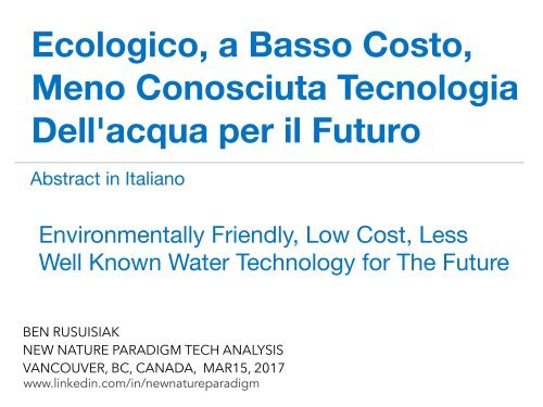 Ecologico, a Basso Costo, Meno Conosciuta Tecnologia Dell'acqua per il  Futuro