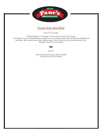 Pane's Restaurant - Catering Menu