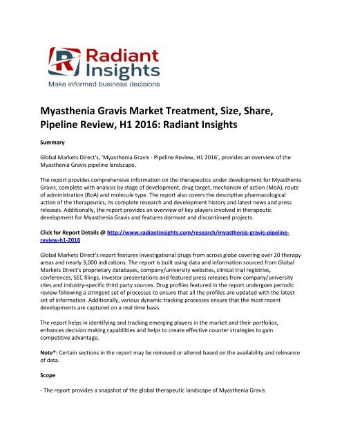 Myasthenia Gravis Market Size,Treatment, Causes, Pipeline Review, H1 2016