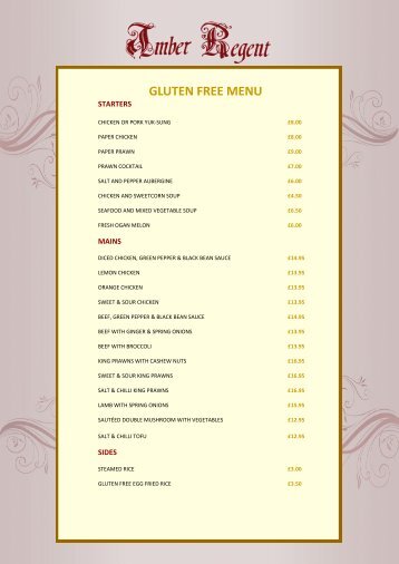 Amber Regent, Gluten Free Menu