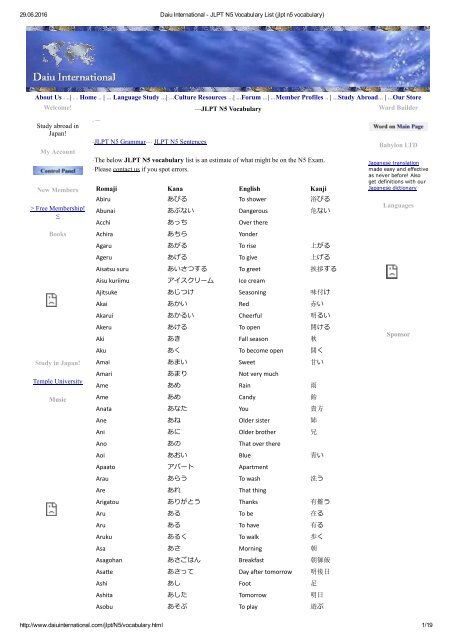 Daiu International Jlpt N5 Vocabulary List Jlpt N5 Vocabulary