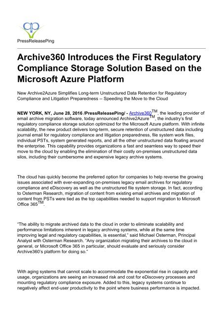 Archive360 Introduces the First Regulatory Compliance Storage Solution Based on the Microsoft Azure Platform