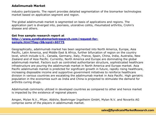 Adalimumab Market Segments, Opportunity, Growth and Forecast By End-use Industry 2014-2020