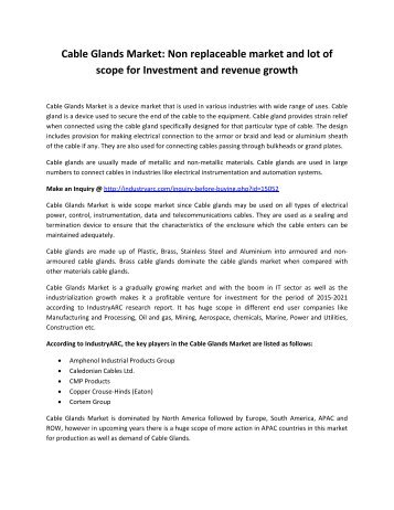 Cable Glands Market Analysis: Demanding Market on Global Scale for Profitable Investment 