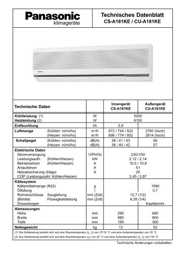 Technisches Datenblatt CS-A181KE / CU-A181KE - Kälte Bast GmbH