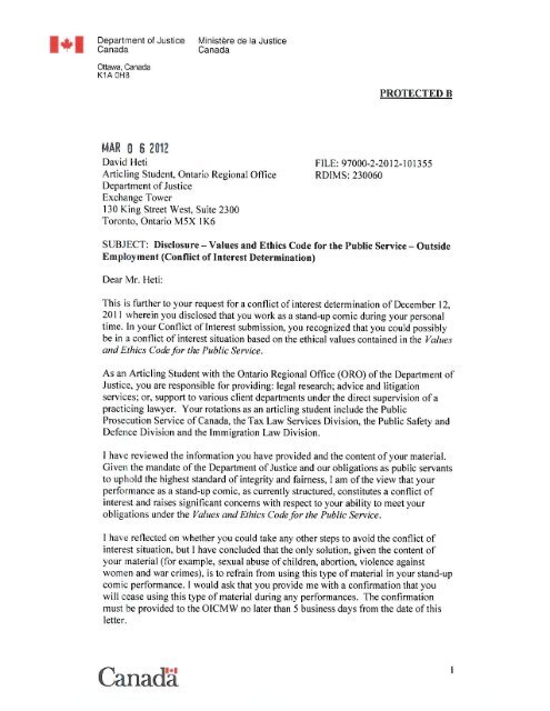 DOJ Conflict Of Interest Letter
