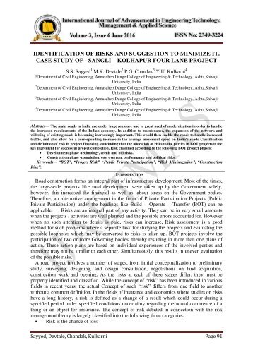 IDENTIFICATION OF RISKS AND SUGGESTION TO MINIMIZE IT. CASE STUDY OF - SANGLI – KOLHAPUR FOUR LANE PROJECT 