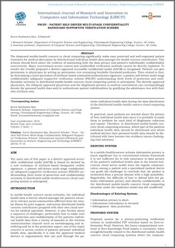 IJRICIT-01-005 PSCSV - PATIENT SELF-DRIVEN MULTI-STAGE CONFIDENTIALITY SAFEGUARD SUPPORTIVE VERIFICATION SCHEME