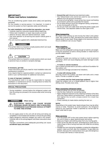 technical data & service manual split system air conditioner