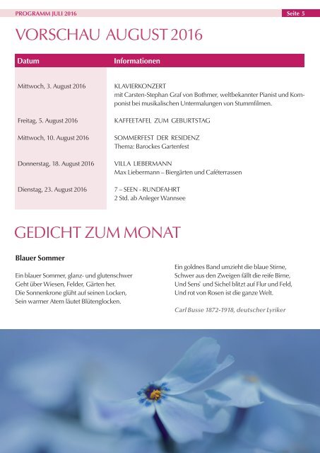 Programmheft Residenz Havelgarten Monat Juli 2016