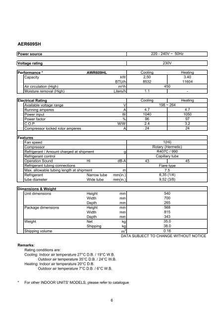 technical data & service manual split system air conditioner