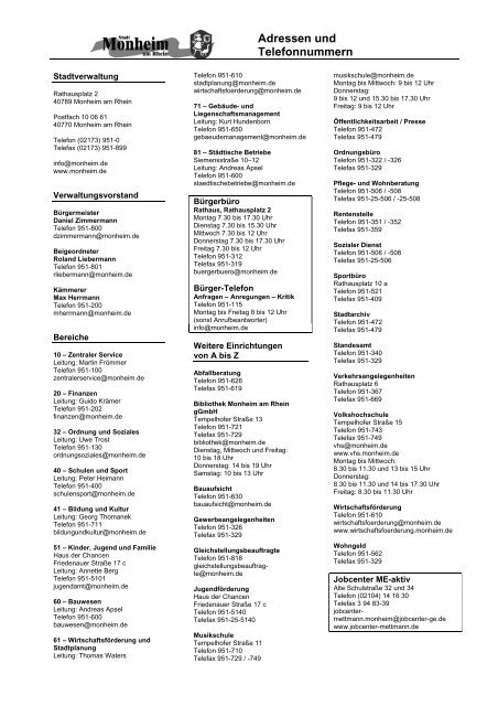 Wichtige Telefon-, Telefaxnummern und E-Mail-Adressen städtischer