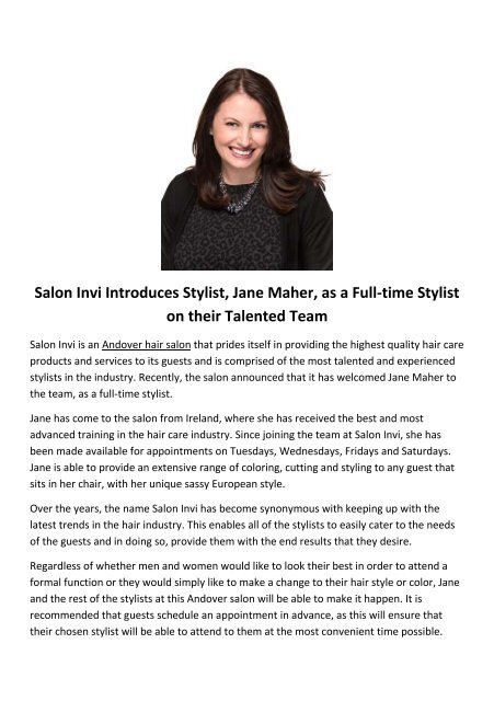 Salon Invi Introduces Stylist, Jane Maher, as a Full-time Stylist on their Talented Team