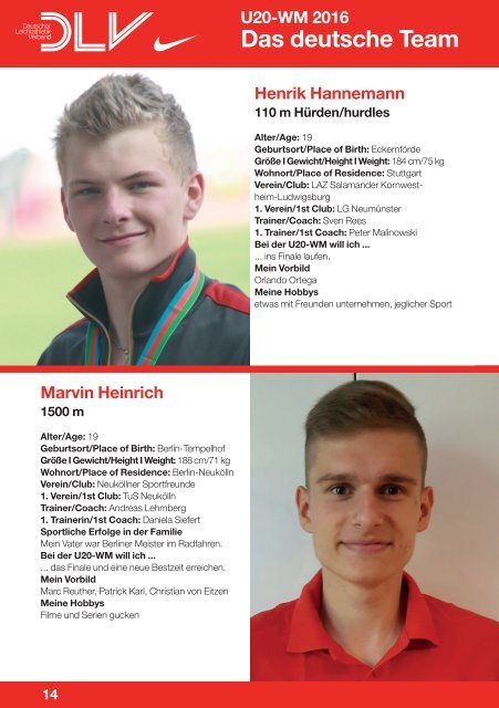 Leichtathletik U20-WM 2016: Das deutsche Team für Bydgoszcz