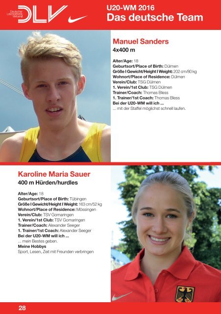 Leichtathletik U20-WM 2016: Das deutsche Team für Bydgoszcz