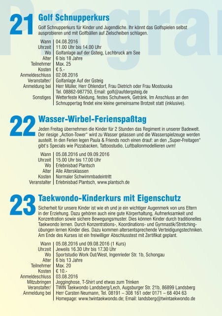 Ferienprogramm 2016 der Stadt Schongau und der Gemeinden Altenstadt und Hohenfurch